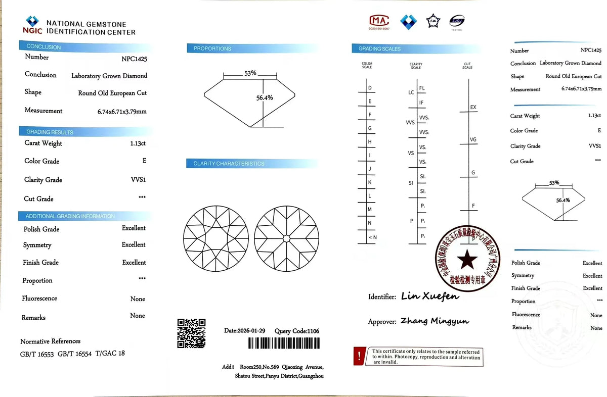 1.13ct Round Old European Cut Lab Diamond - E Color VVS1 | Doveggs Certified