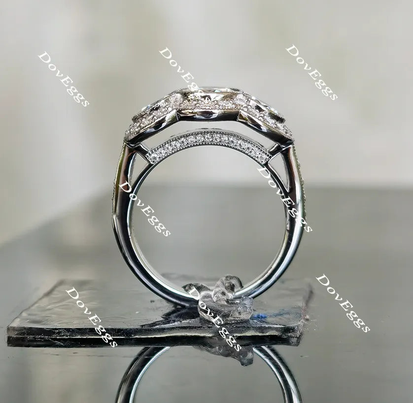 Doveggs three-stone halo pave moissanite engagement ring