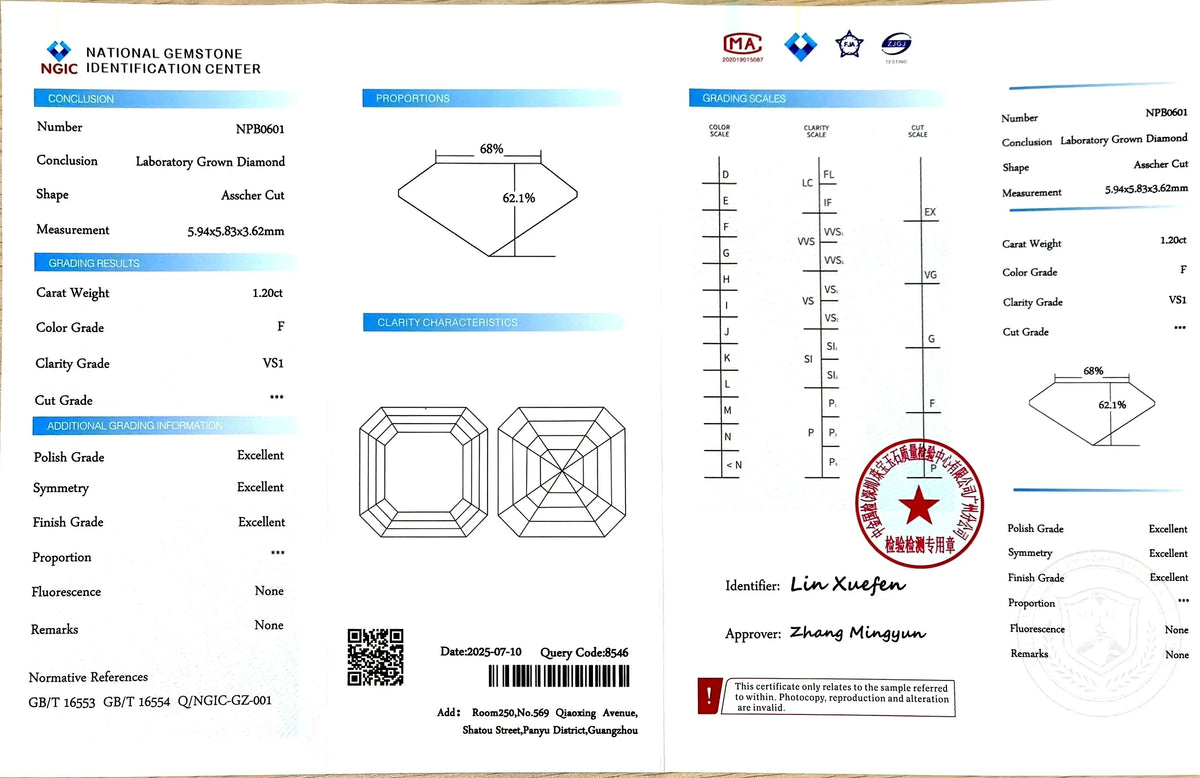 1.2ct Asscher Cut Lab Diamond - F Color VS1 | Doveggs Certified