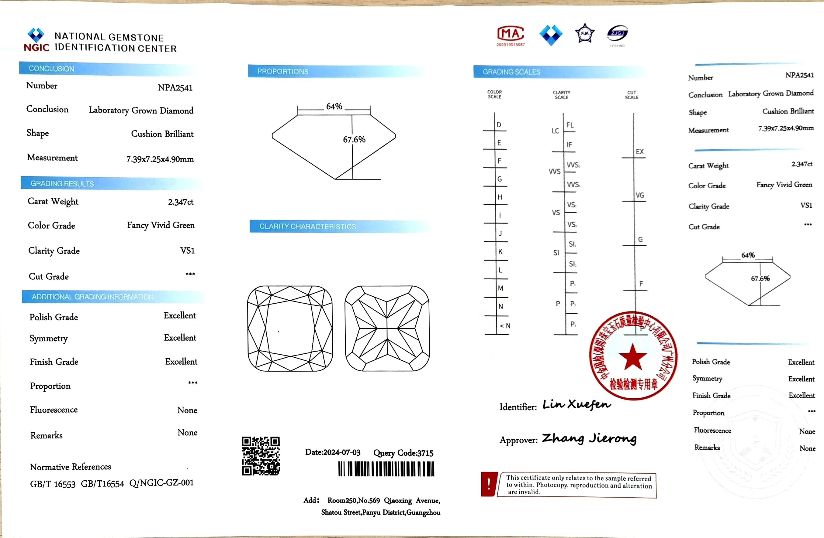 2.347ct Cushion Brilliant Cut Lab Diamond – Fancy Vivid Green Color VS1 | Doveggs Certified