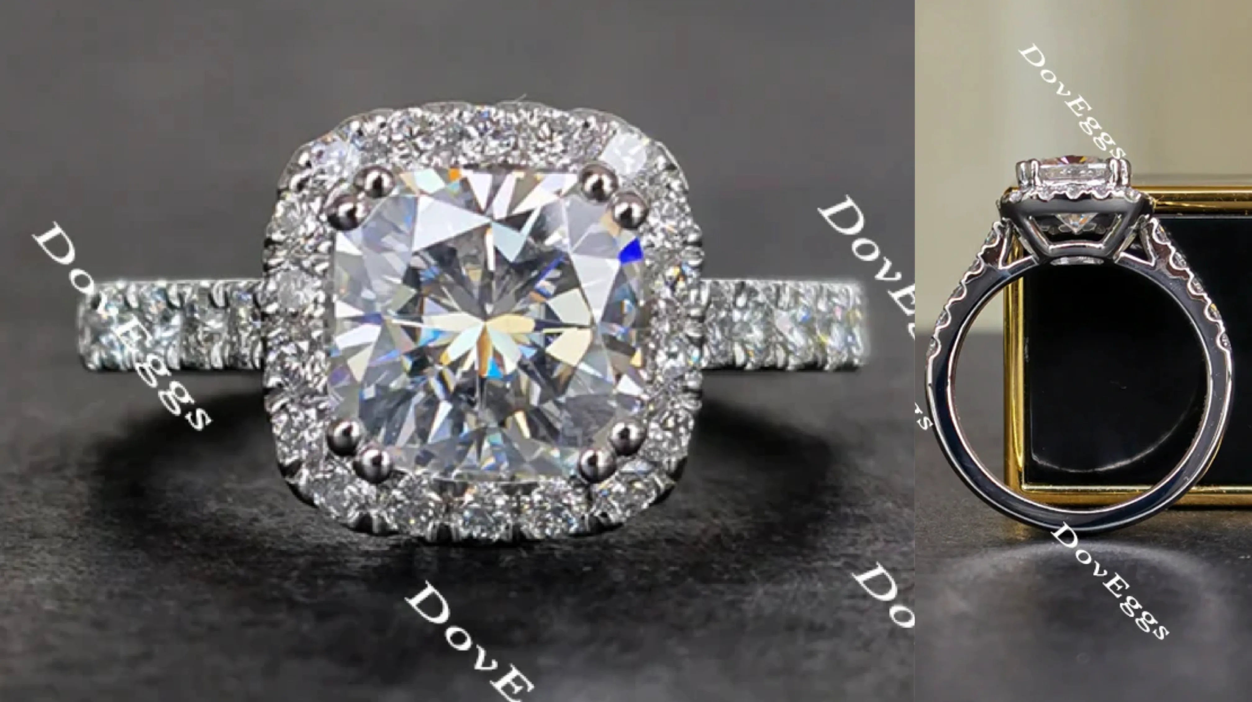 Doveggs cathedral cushion halo moissanite engagement ring