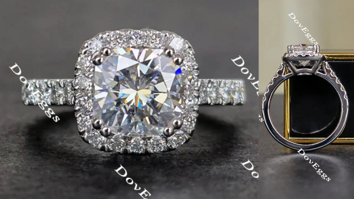 Doveggs cathedral cushion halo moissanite engagement ring