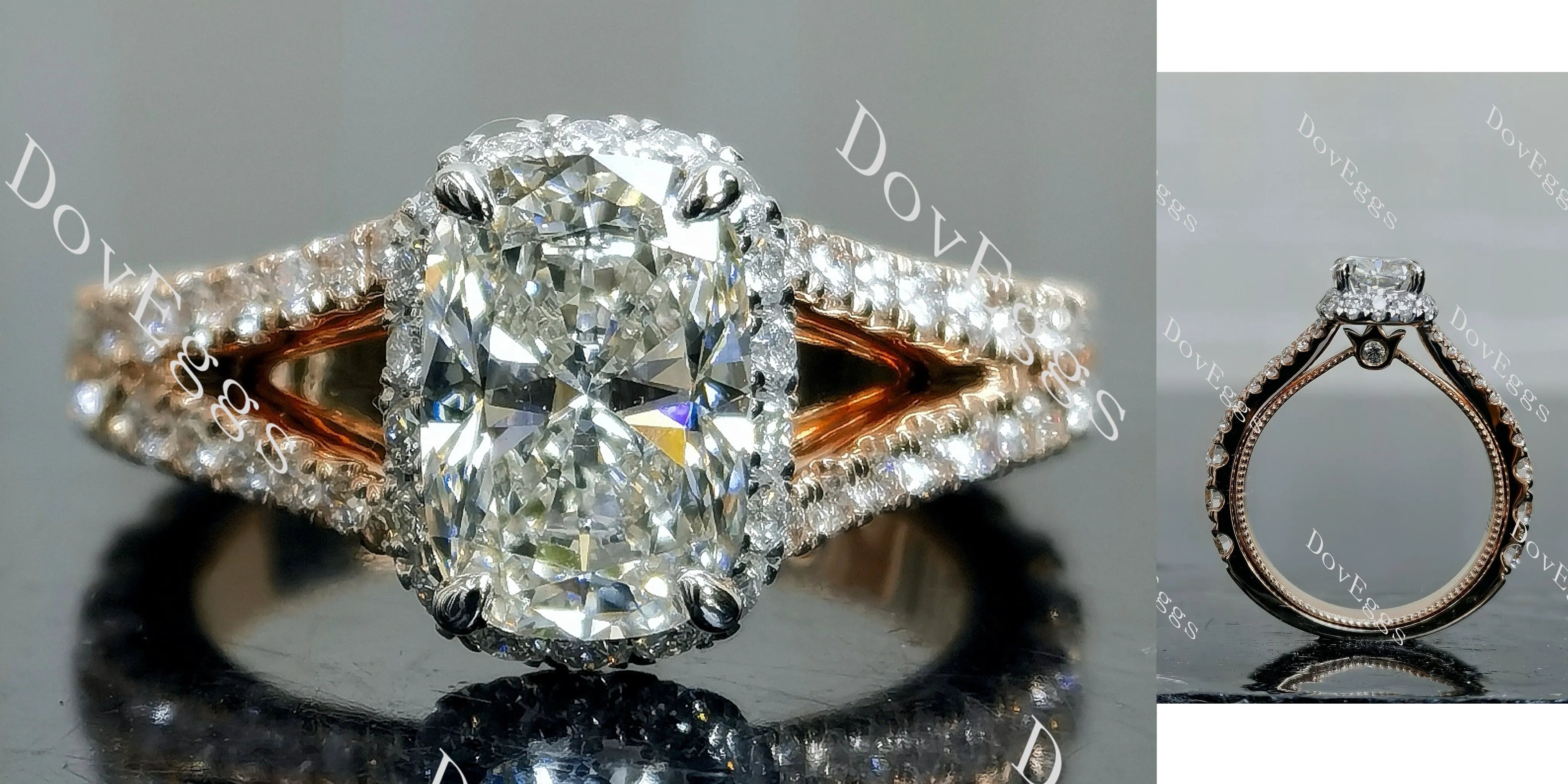 Doveggs Cushion Halo Split Shanks Lab Grown Diamond Engagement Ring