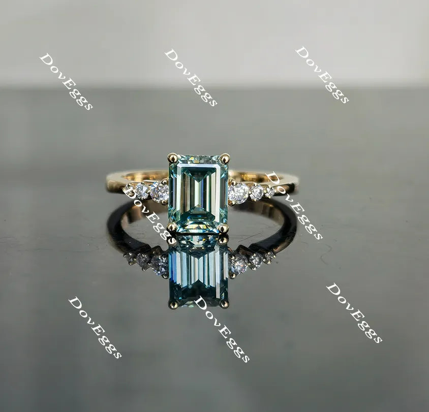 DovEggs peacock blue side stones emerald moissanite engagement ring