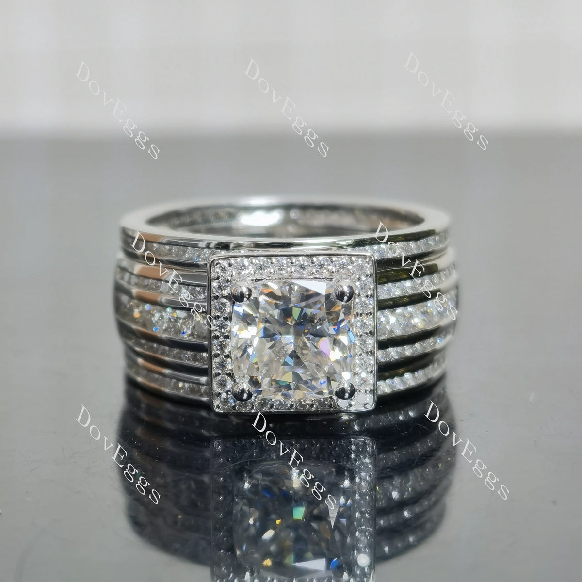 (size 8.75) Doveggs sterling silver 2ct cushion moissanite bridal set (3 rings soldered together)
