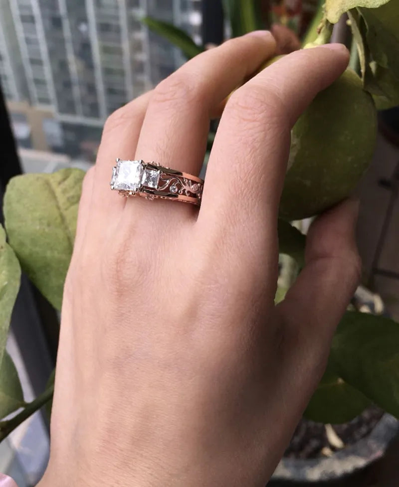 Mi amore eterno Julieann T princess hard engraved vintage moissanite ring hollow out band