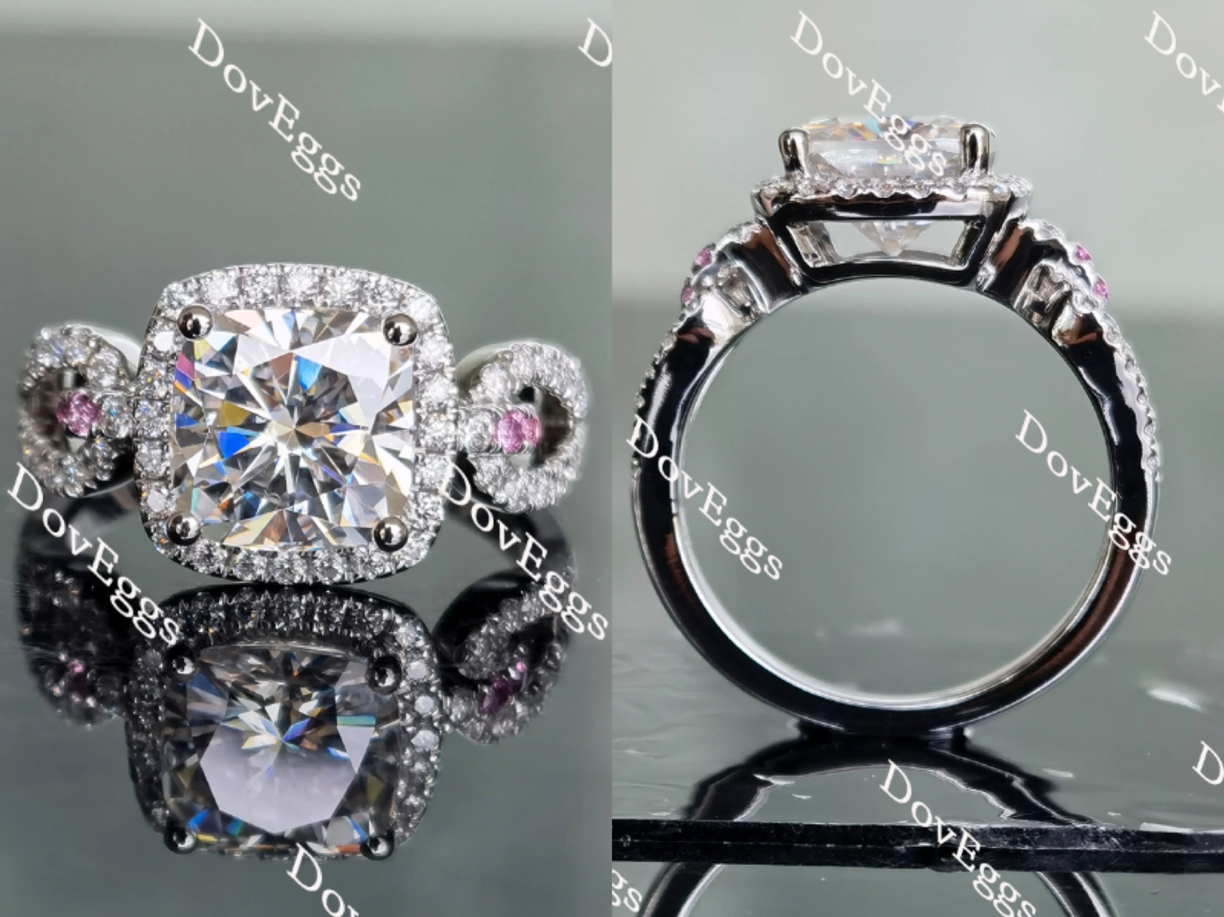 Doveggs cushion split shank halo pave moissanite and birthstone engagement ring