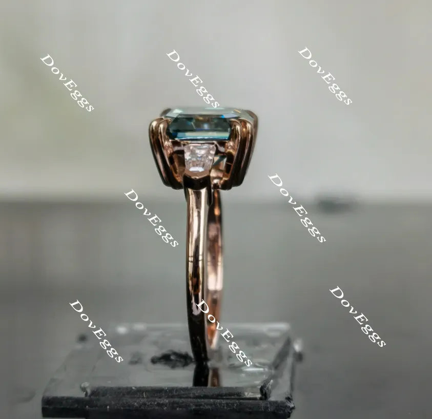 Doveggs Peacock blue asscher three stones moissanite engagement ring