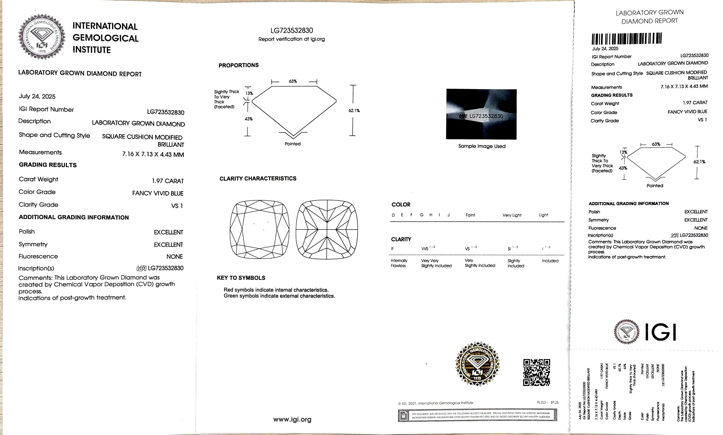 1.97ct Square Cushion Lab Diamond – Fancy Vivid Blue Color VS1 | Doveggs Certified