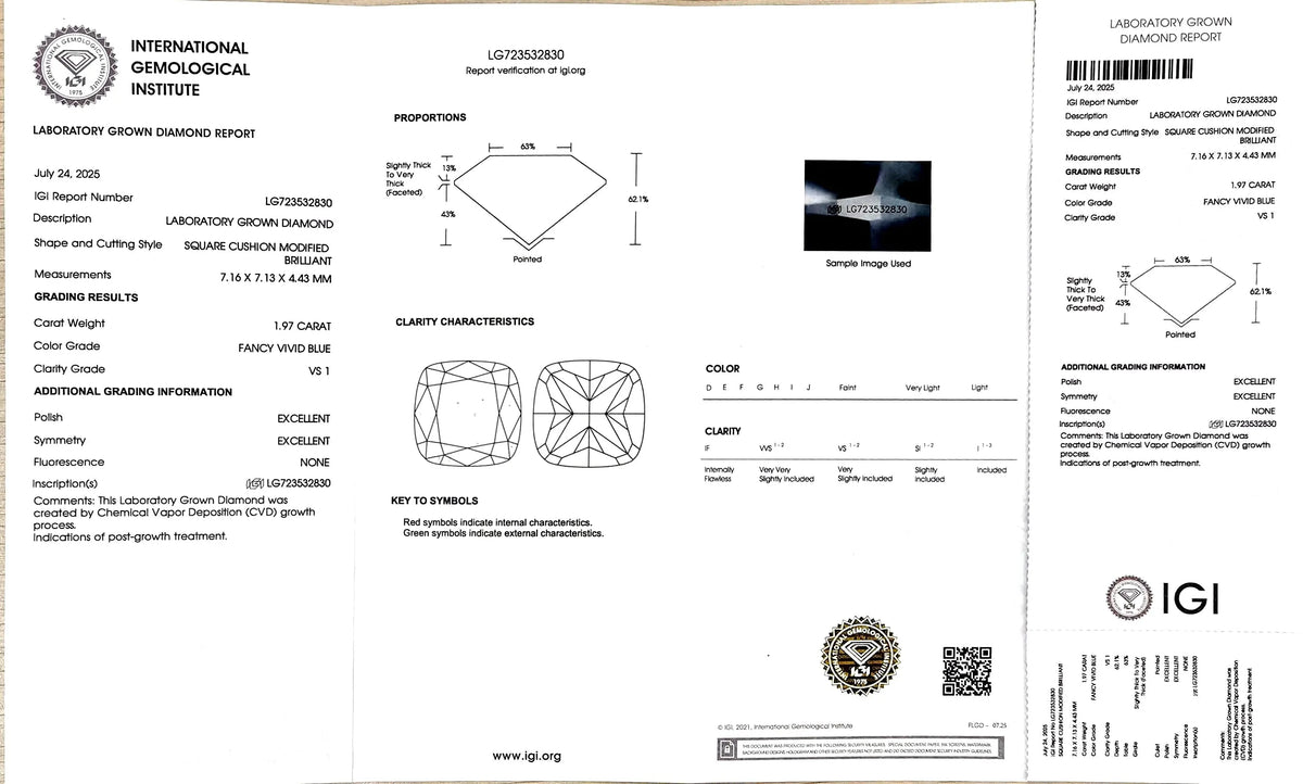 1.97ct Square Cushion Lab Diamond – Fancy Vivid Blue Color VS1 | Doveggs Certified