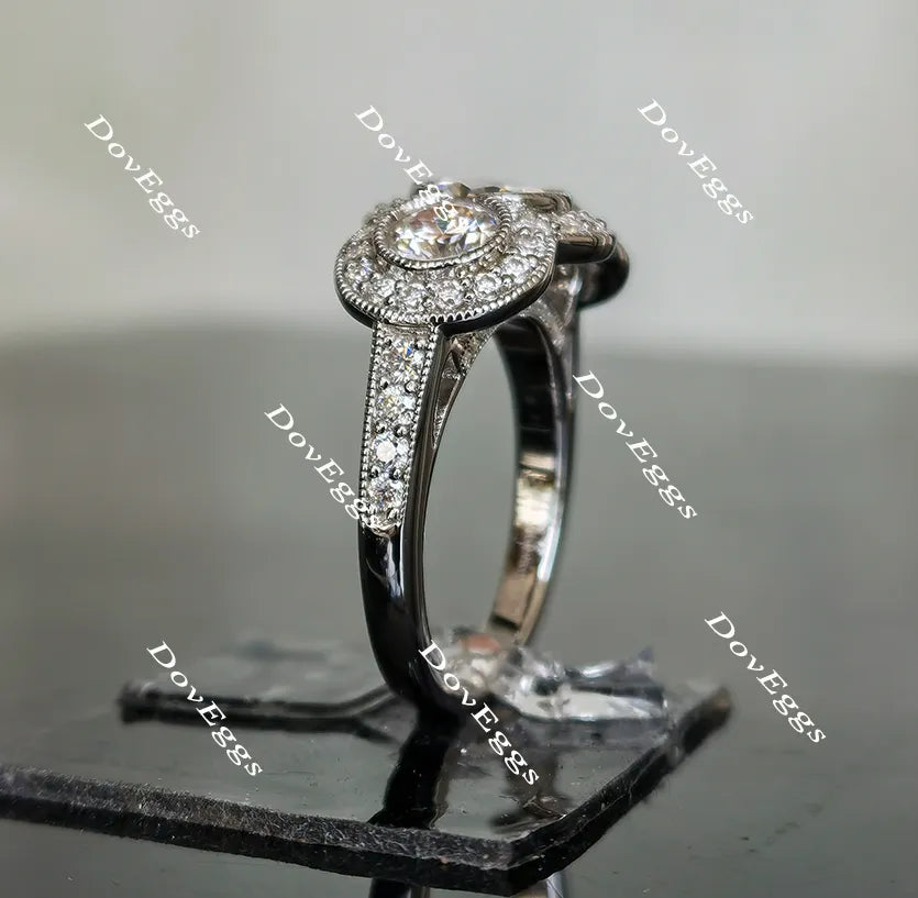 Doveggs three-stone halo pave moissanite engagement ring