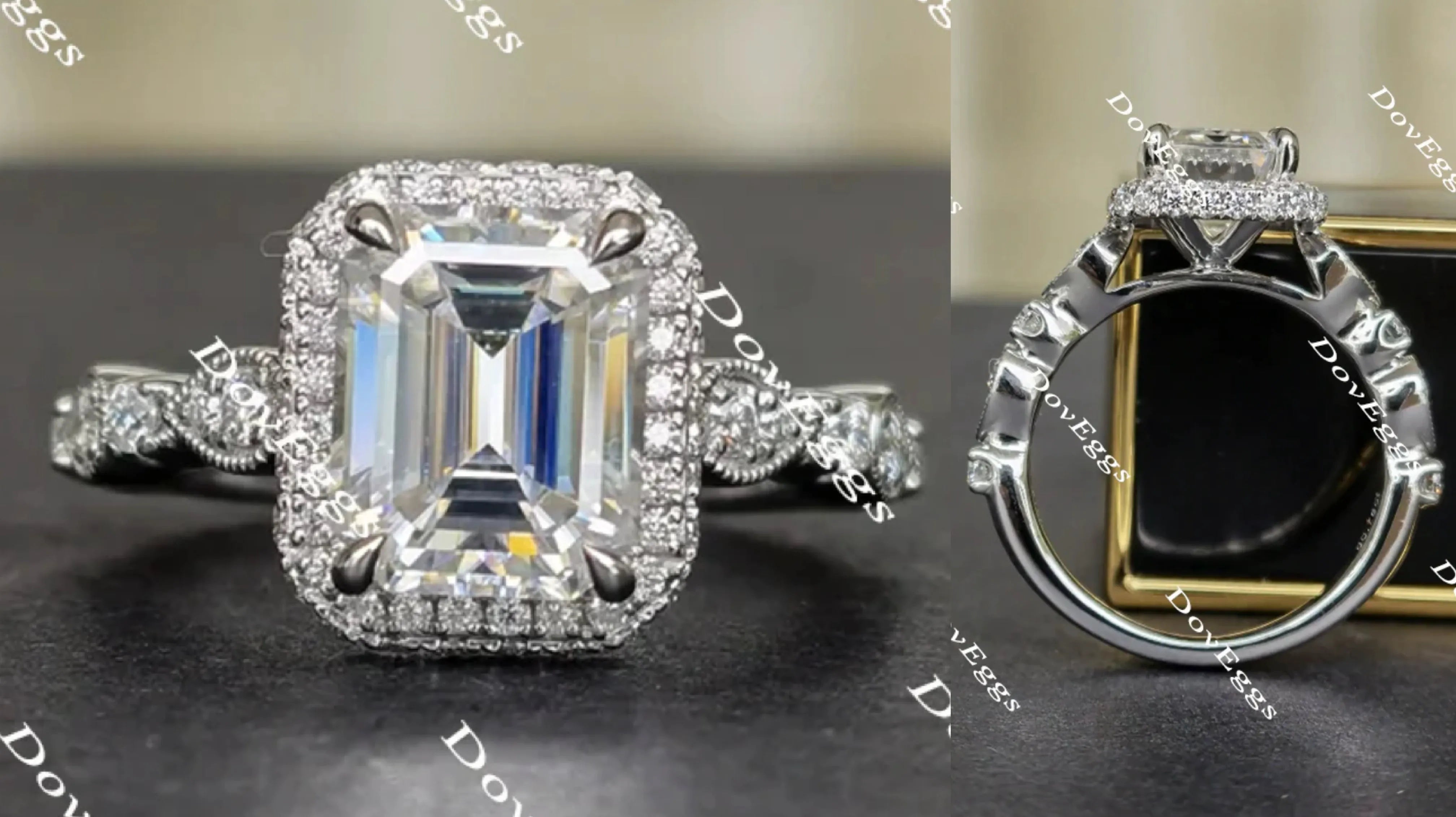 Doveggs art deco emerald moissanite engagement ring