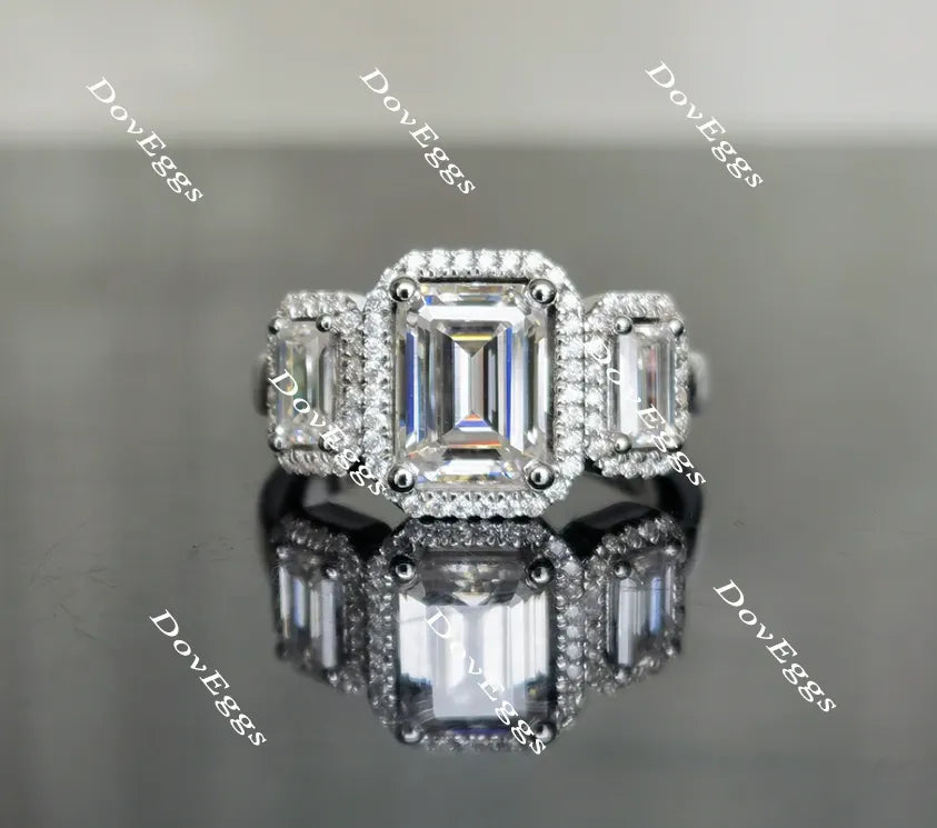 Doveggs three stone halo emerald moissanite engagement ring