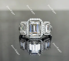 Doveggs three stone halo emerald moissanite engagement ring