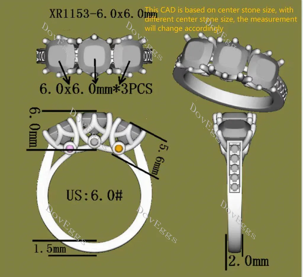 Doveggs cushion three-stone moissanite engagement ring
