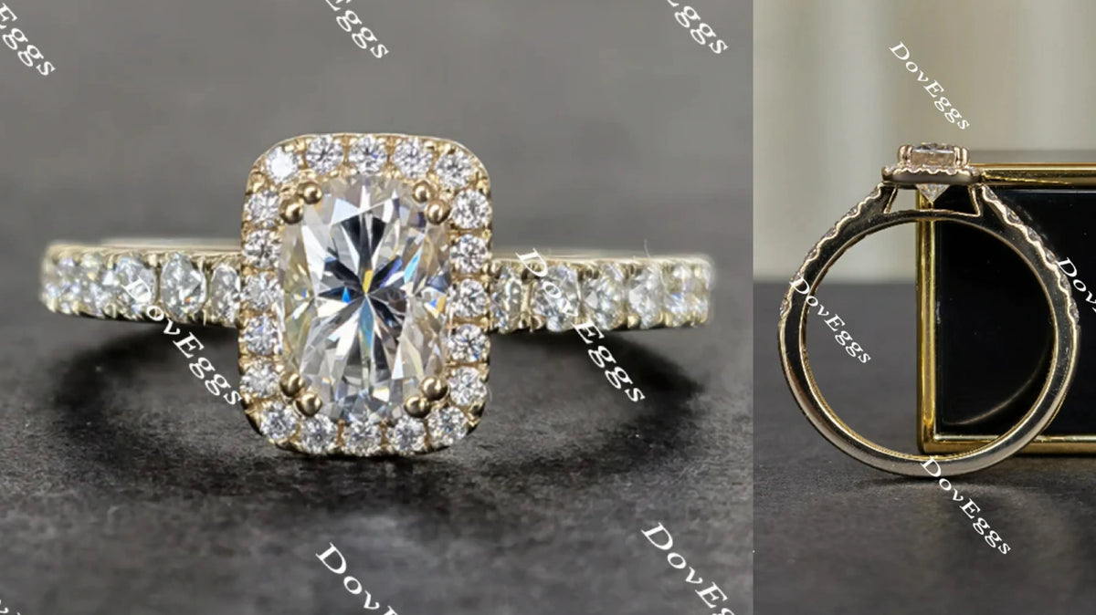 Doveggs cathedral cushion halo moissanite engagement ring