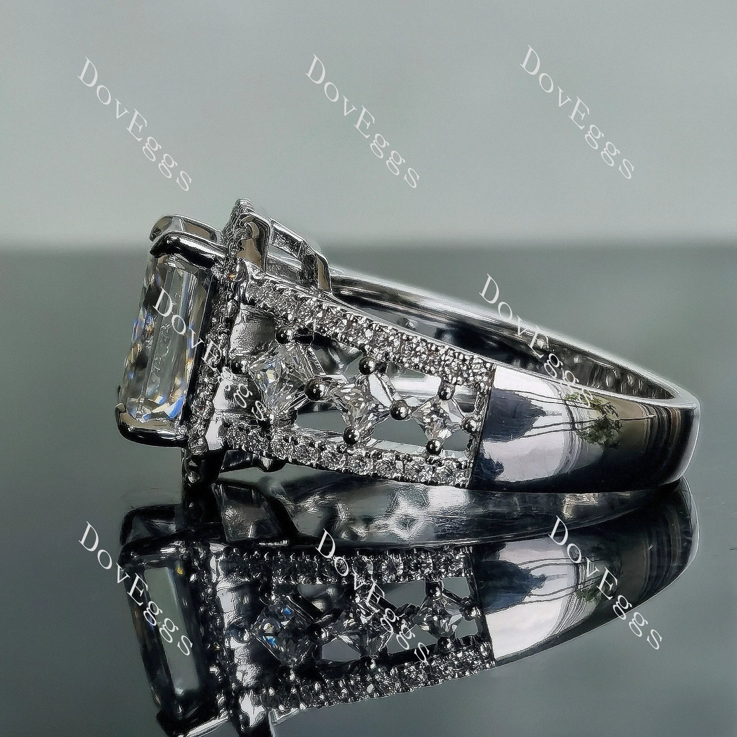Doveggs radiant halo half eternity pave moissanite engagement ring