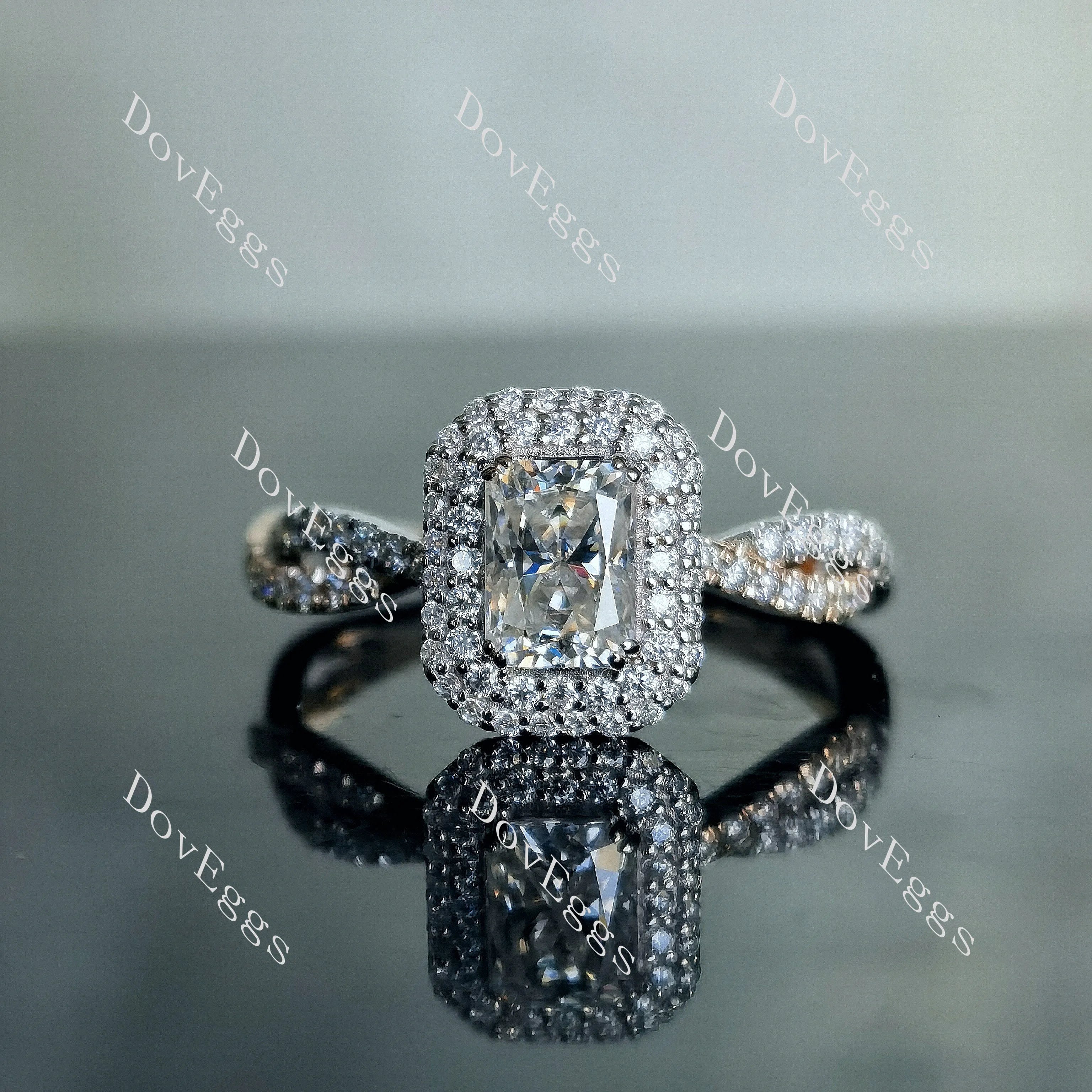Doveggs radiant double halo pave moissanite engagement ring