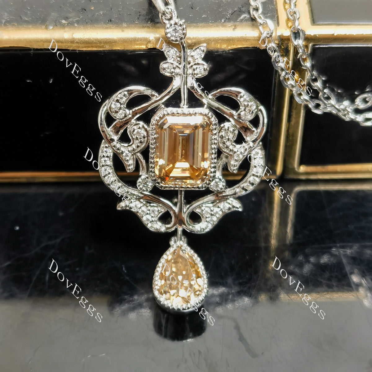 Doveggs sterling silver 2ct emerald & 1ct pear center colored moissanite pendant necklace