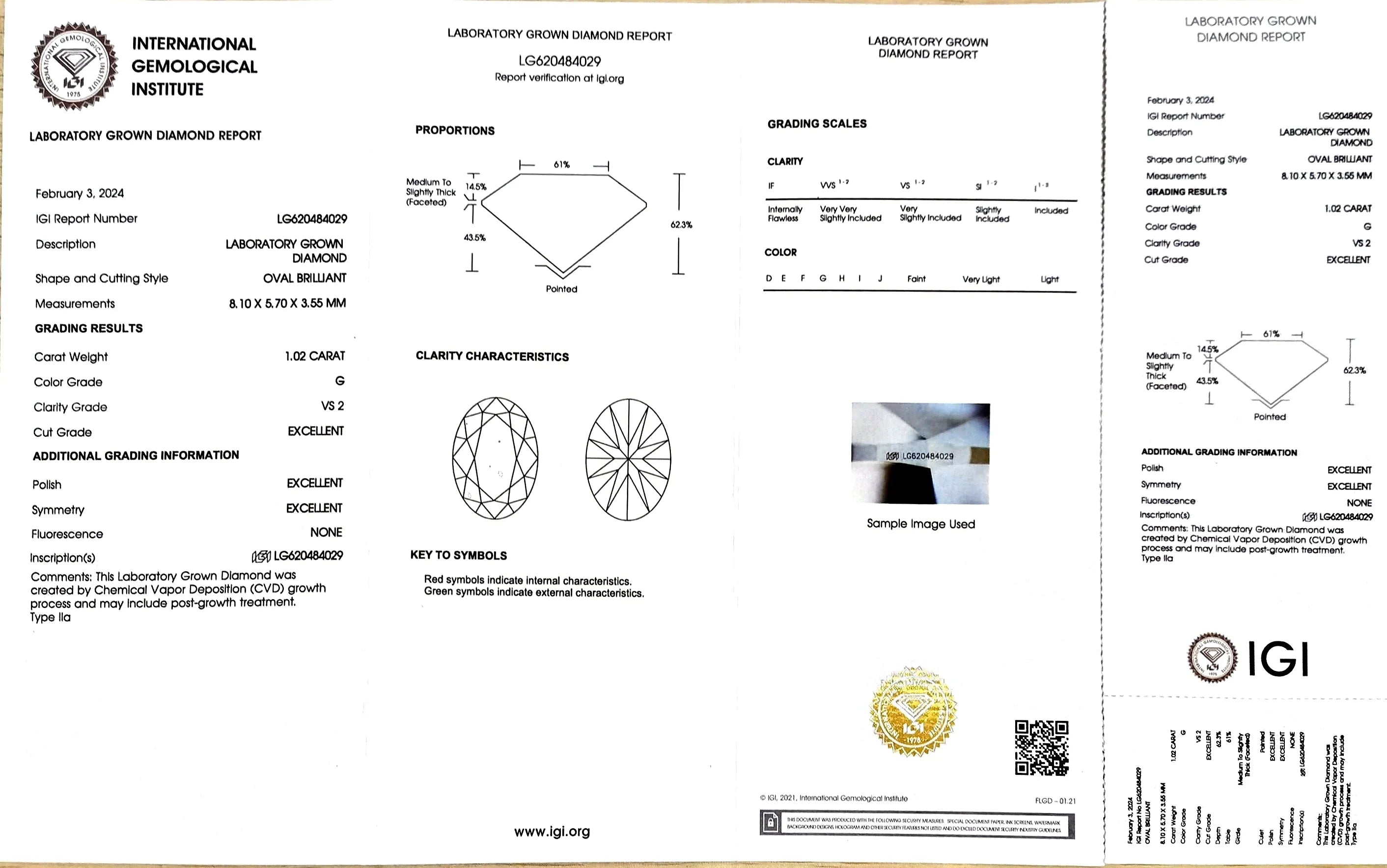 1.02ct Oval Lab Diamond - G Color VS2 | Doveggs Certified
