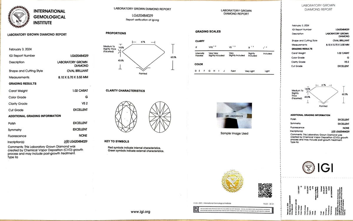 1.02ct Oval Lab Diamond - G Color VS2 | Doveggs Certified