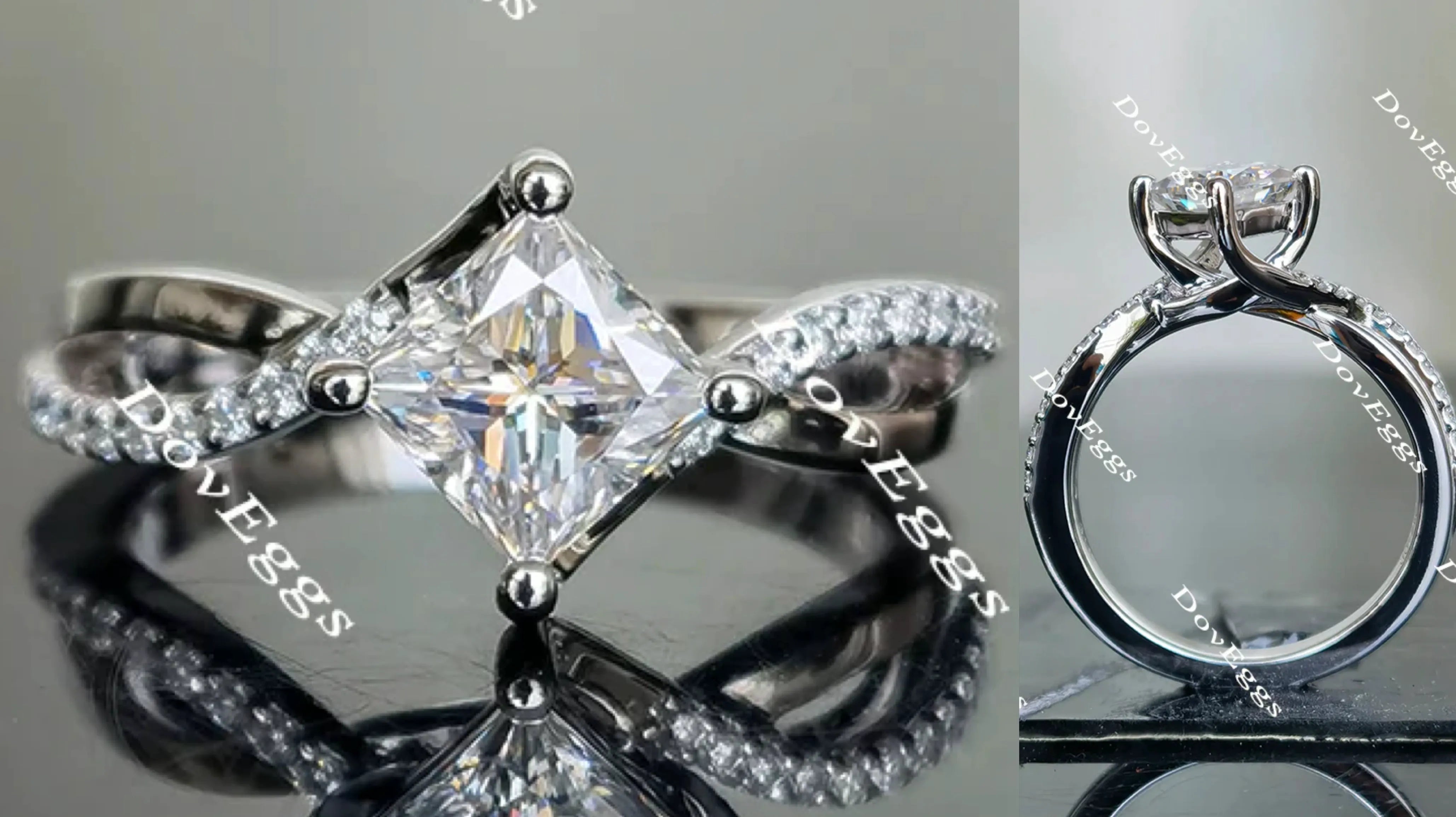 Doveggs princess curved pave moissanite engagement ring