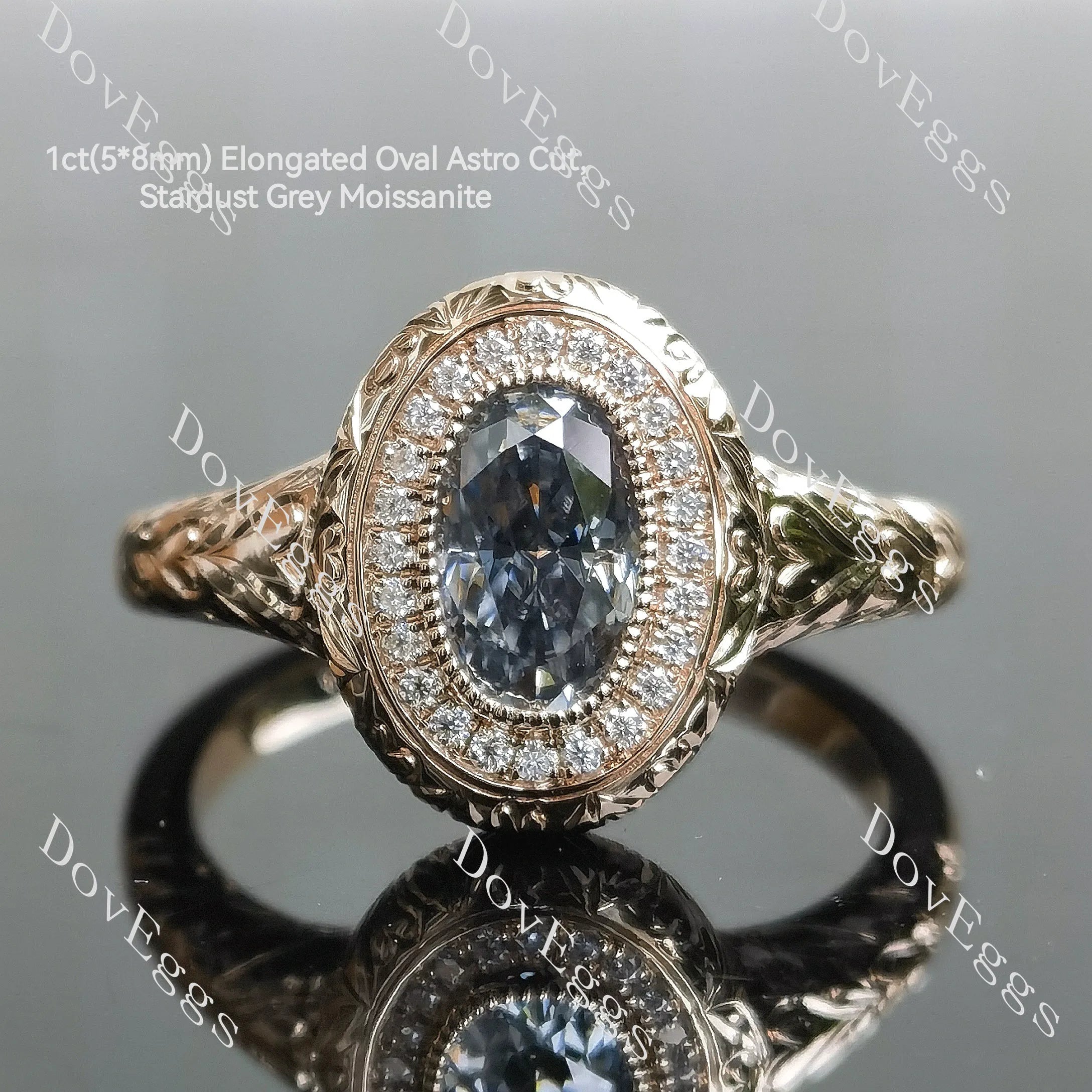 Oval halo carved art deco moissanite engagement ring| DovEggs