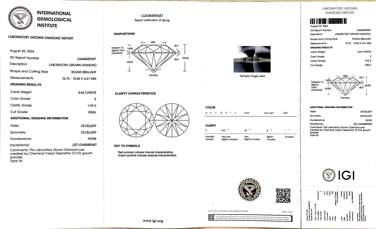 4.64ct Round Brilliant Cut Lab Diamond – E Color VVS2 | Doveggs Certified