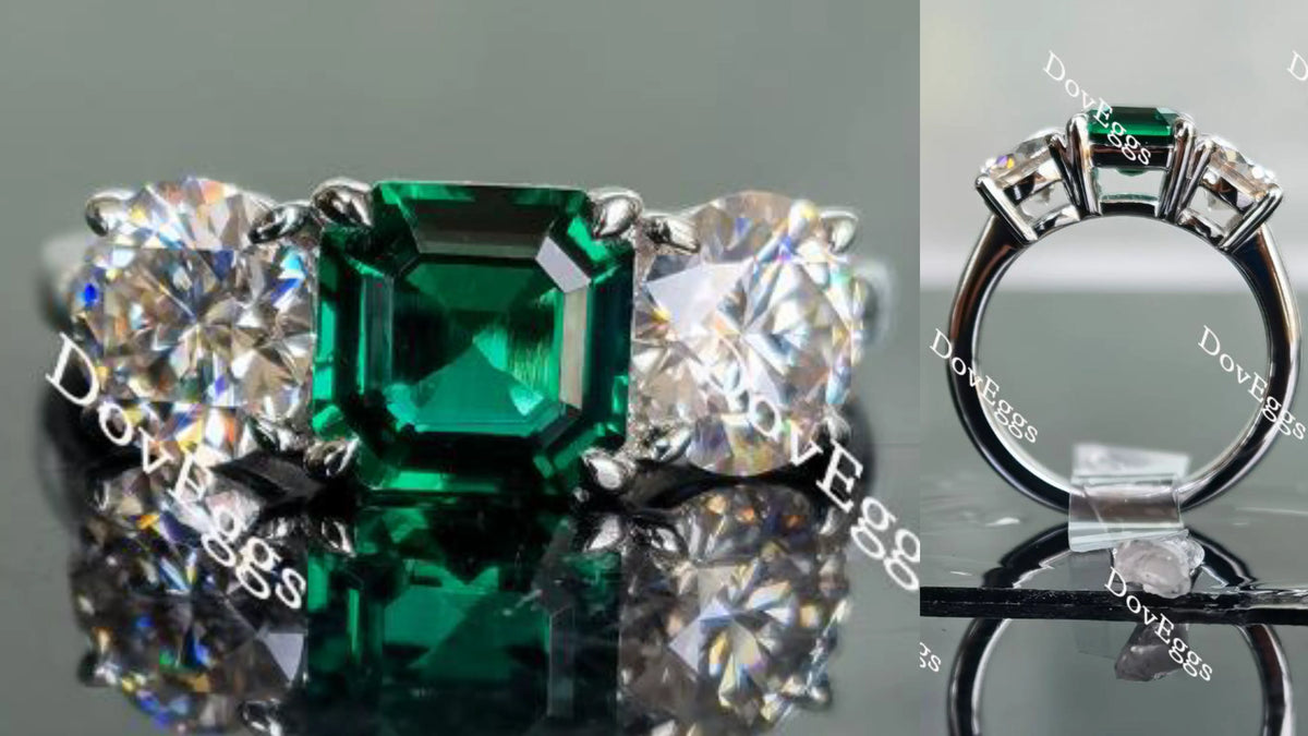 Doveggs three-stone asscher zambia emerald colored gem engagement ring