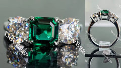 Doveggs three-stone asscher zambia emerald colored gem engagement ring