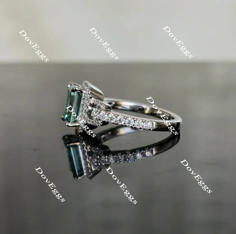Doveggs peacock blue half eternity pave halo emerald colored moissanite engagement ring
