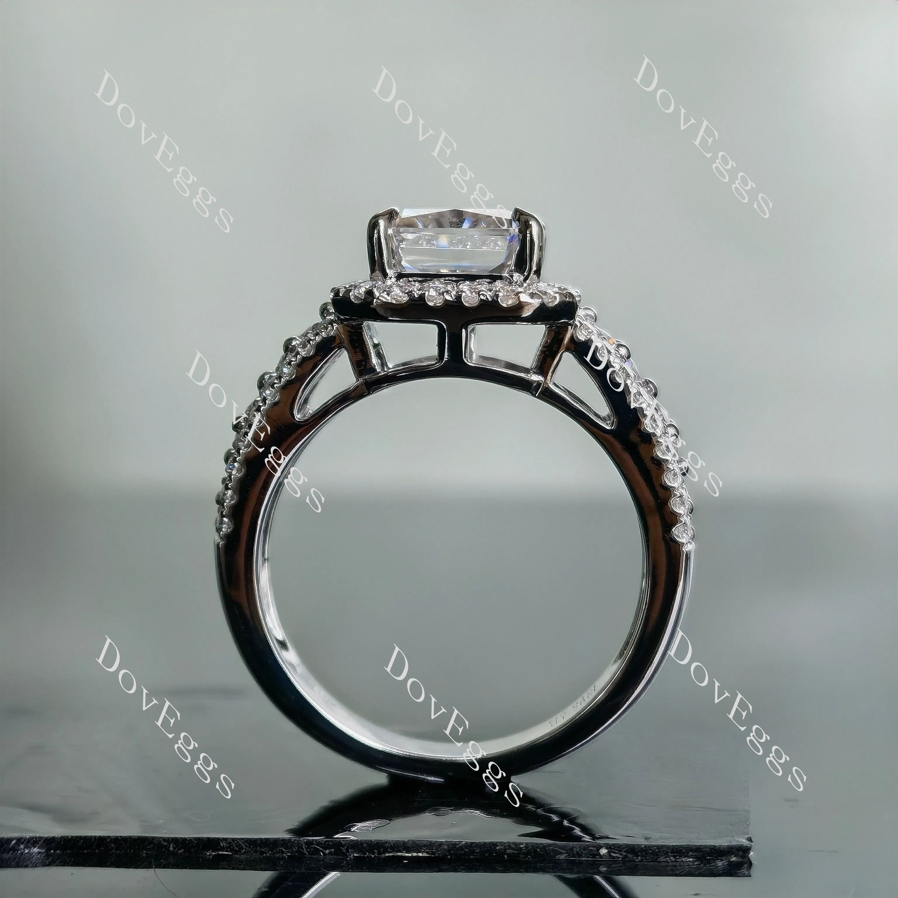 Doveggs radiant halo half eternity pave moissanite engagement ring