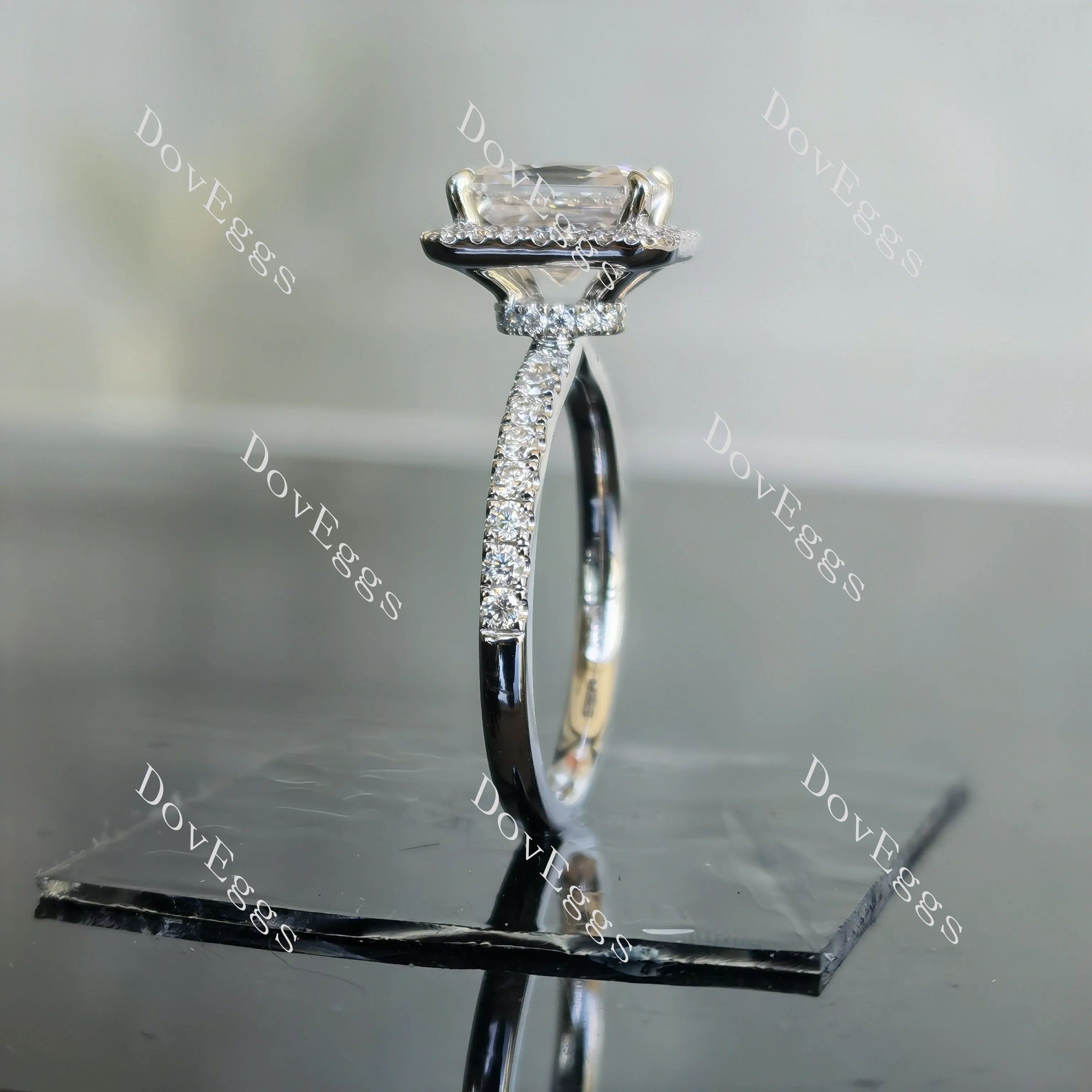 Doveggs radiant half eternity pave halo moissanite engagement ring