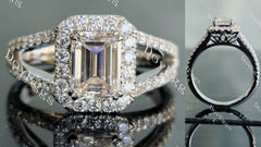 DovEggs emerald split shank halo pave moissanite engagement ring