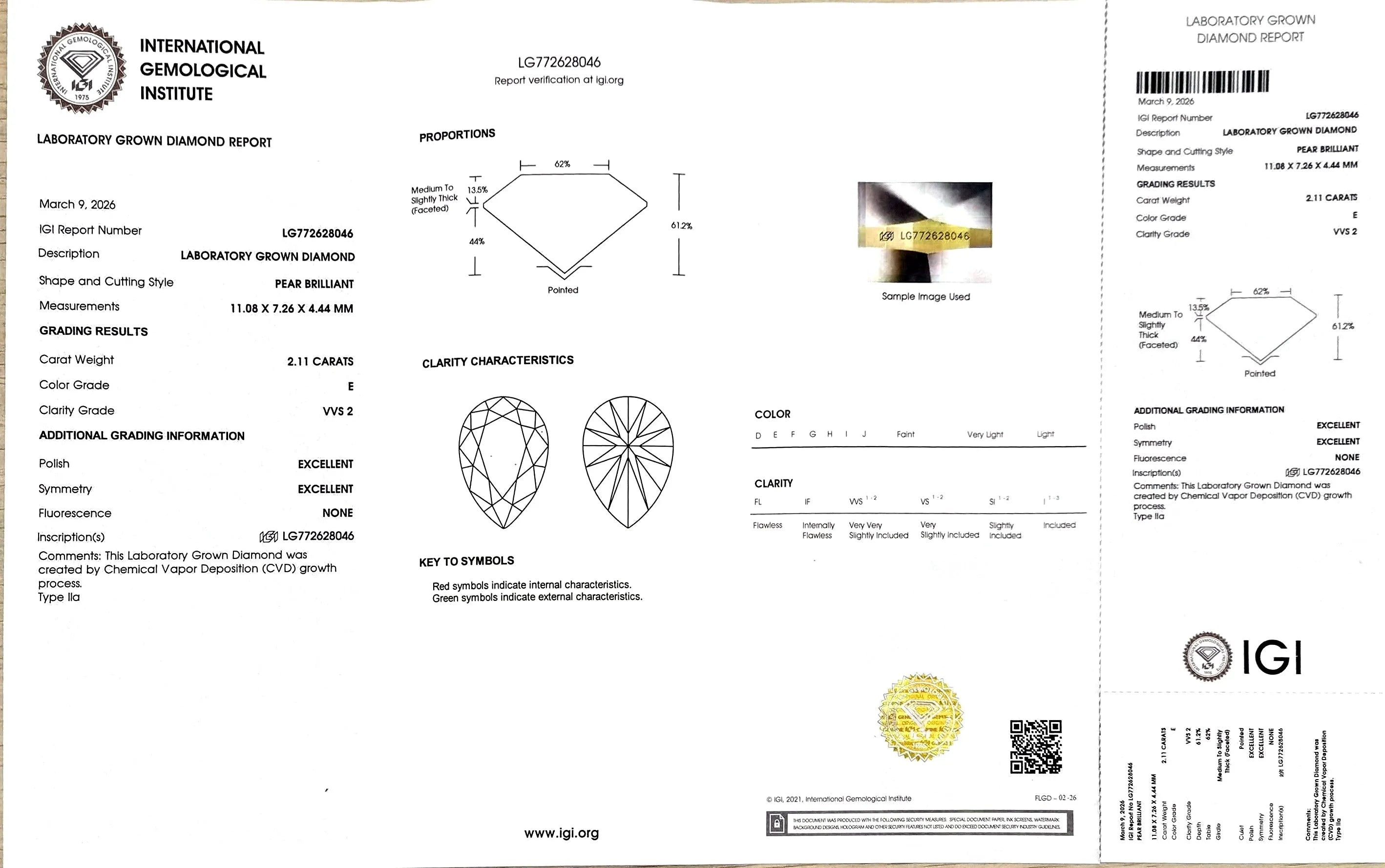 2.11ct Pear Brilliant Cut Lab Grown Diamond - E Color VVS2 | Doveggs Certified
