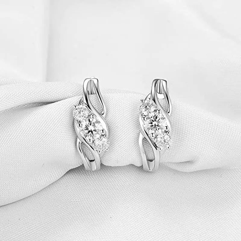 Doveggs 10k gold post sterling silver GHI color round three stones moissanite hoop earrings