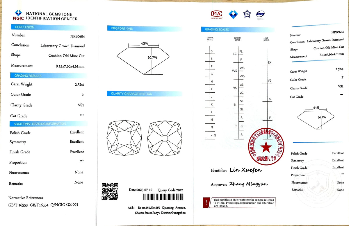 2.52ct Cushion Old Mine Cut Lab Diamond - F Color VS1 | Doveggs Certified