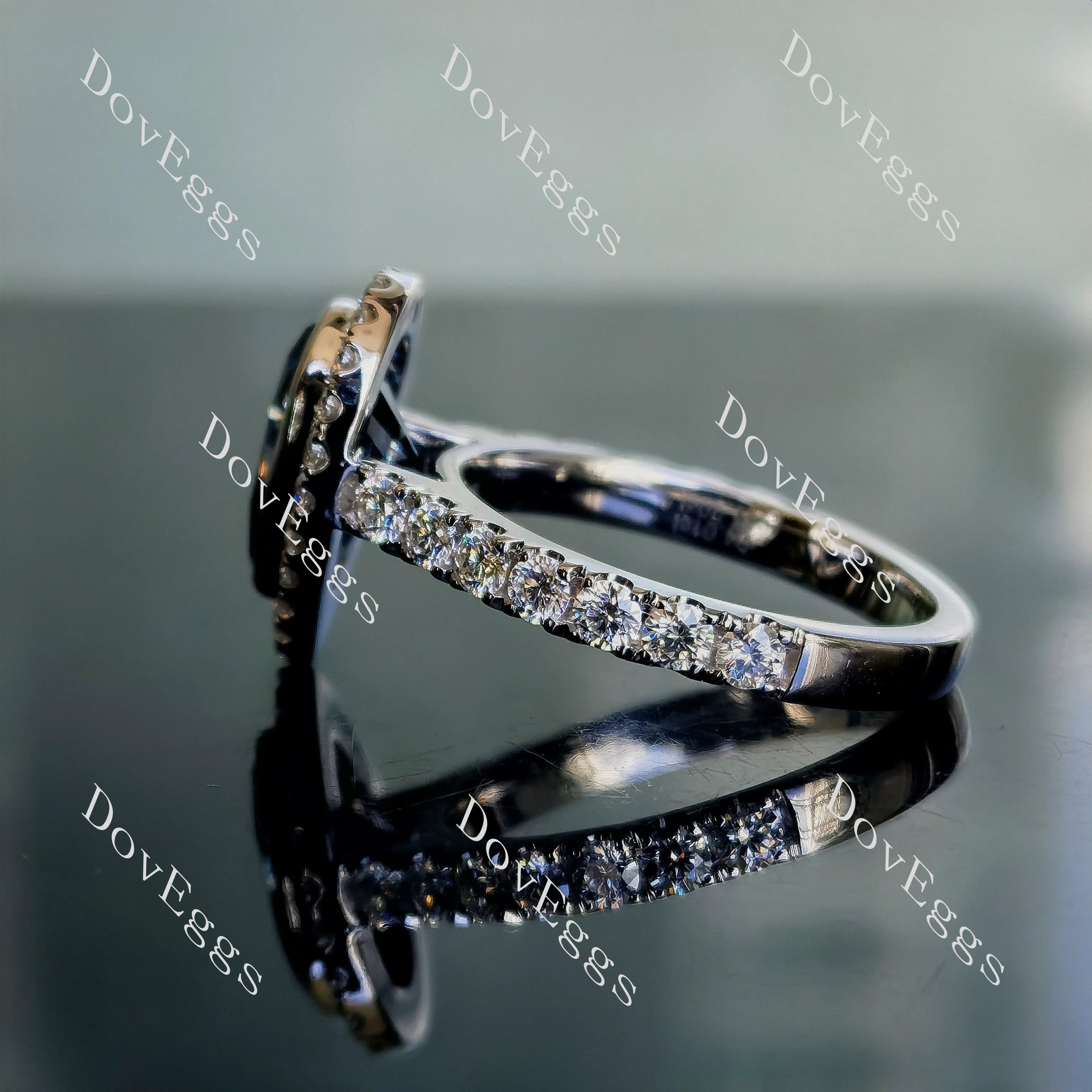 DovEggs pear halo bezel pave twilight blue moissanite engagement ring