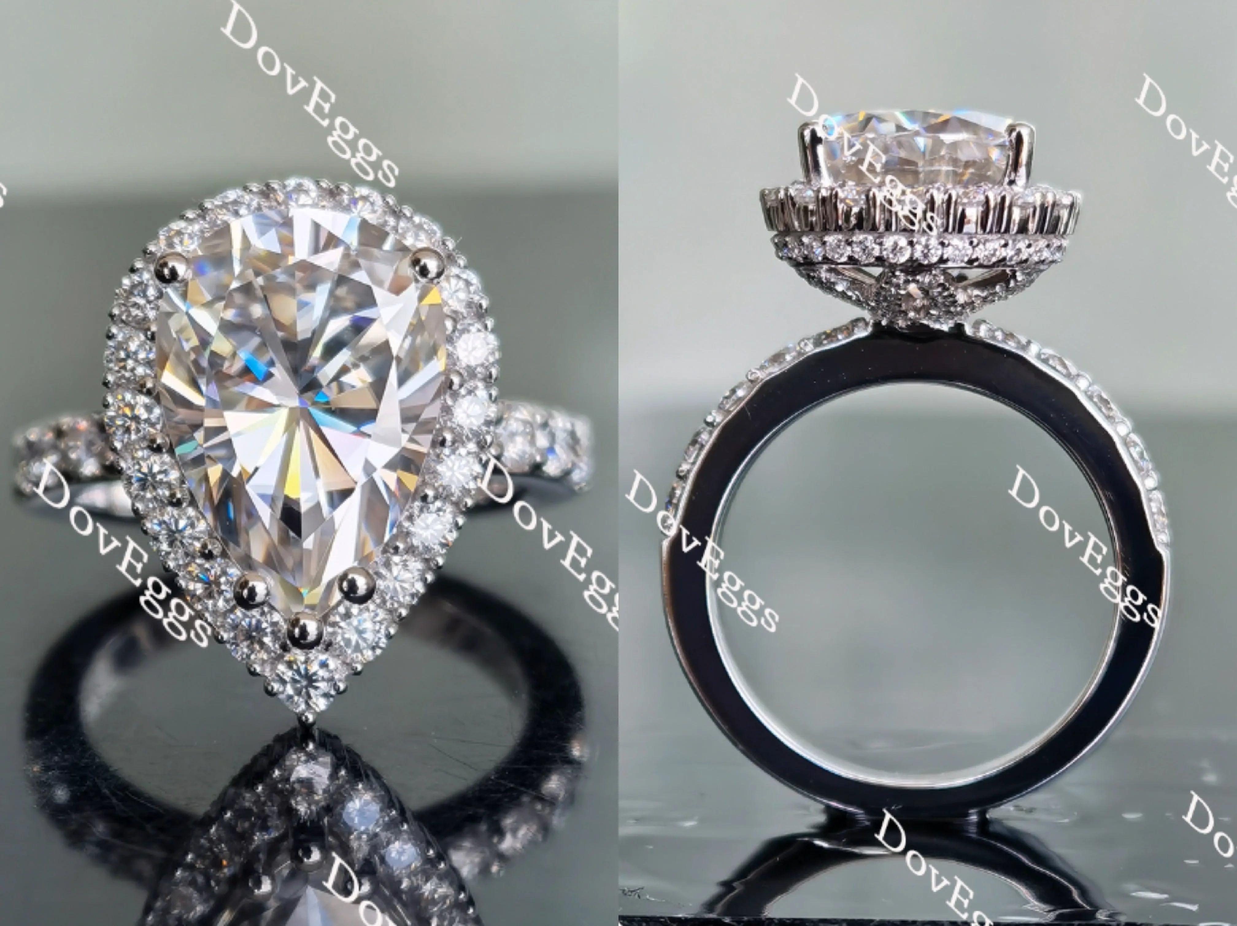 Doveggs pear half eternity pave halo moissanite engagement ring