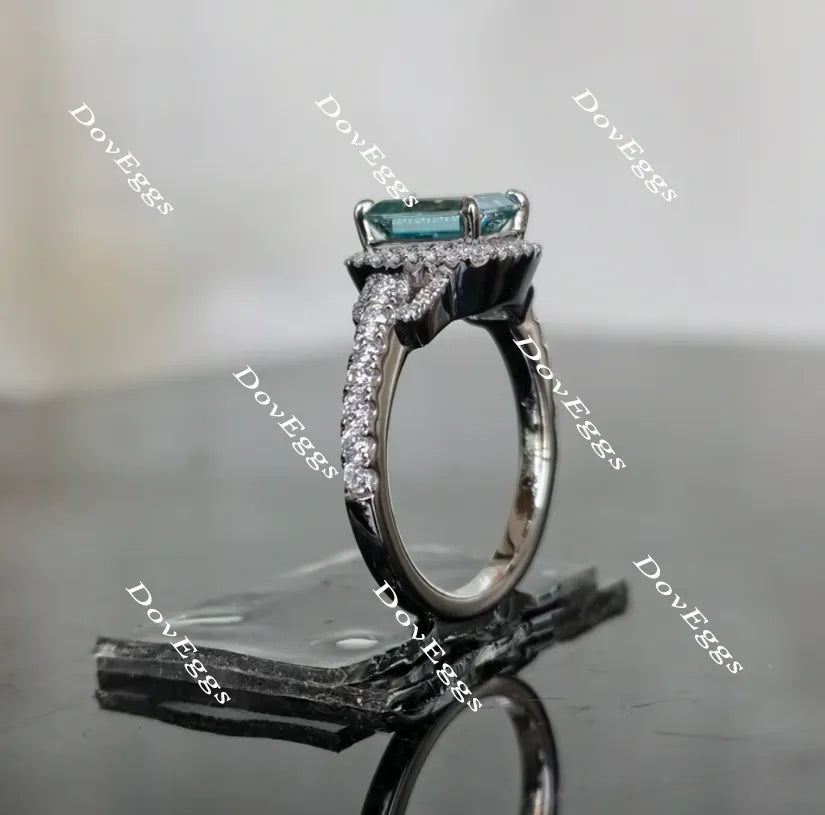 Doveggs peacock blue half eternity pave halo emerald colored moissanite engagement ring