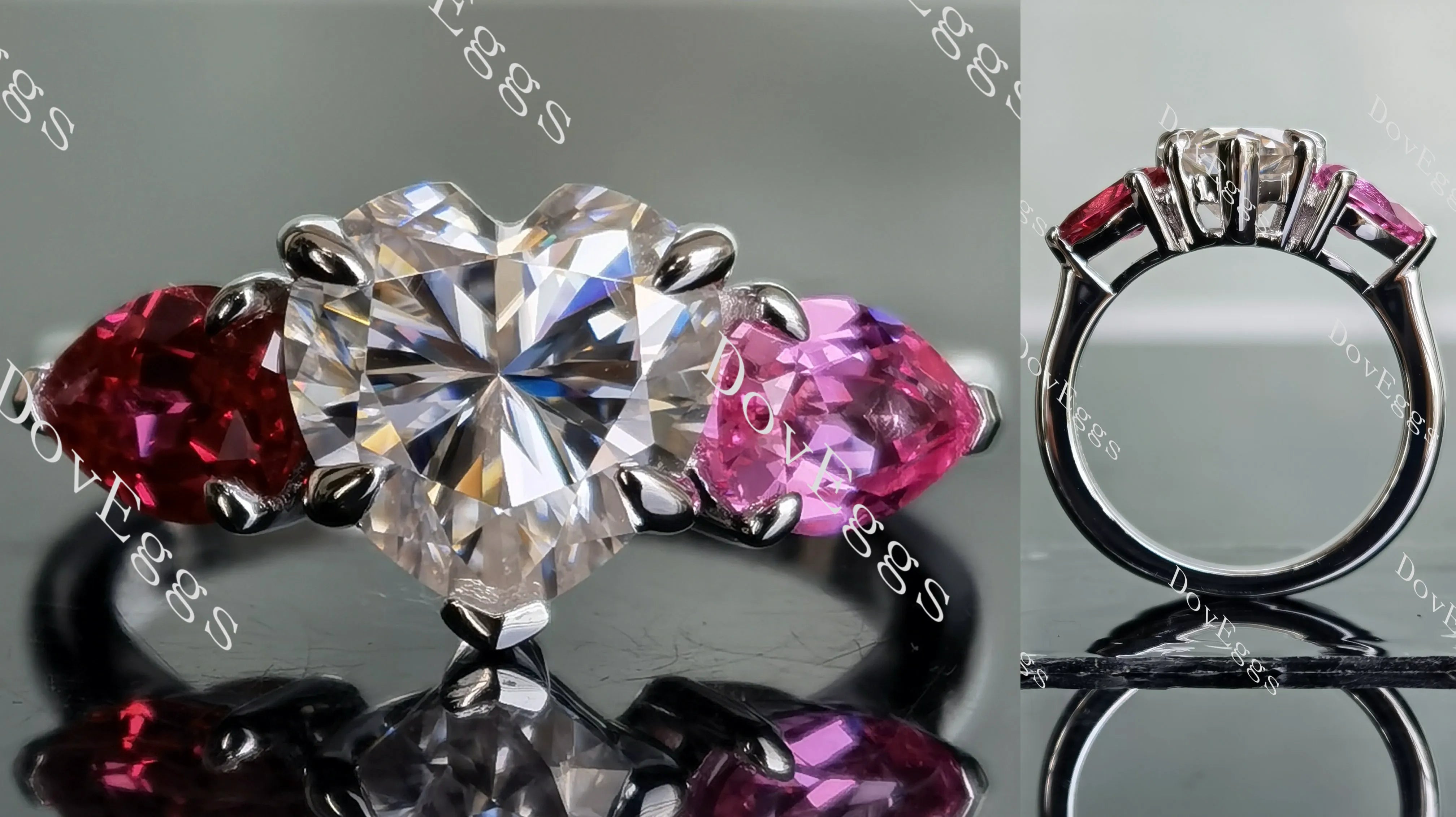 DovEggs heart three stones moissanite & colored gem engagement ring