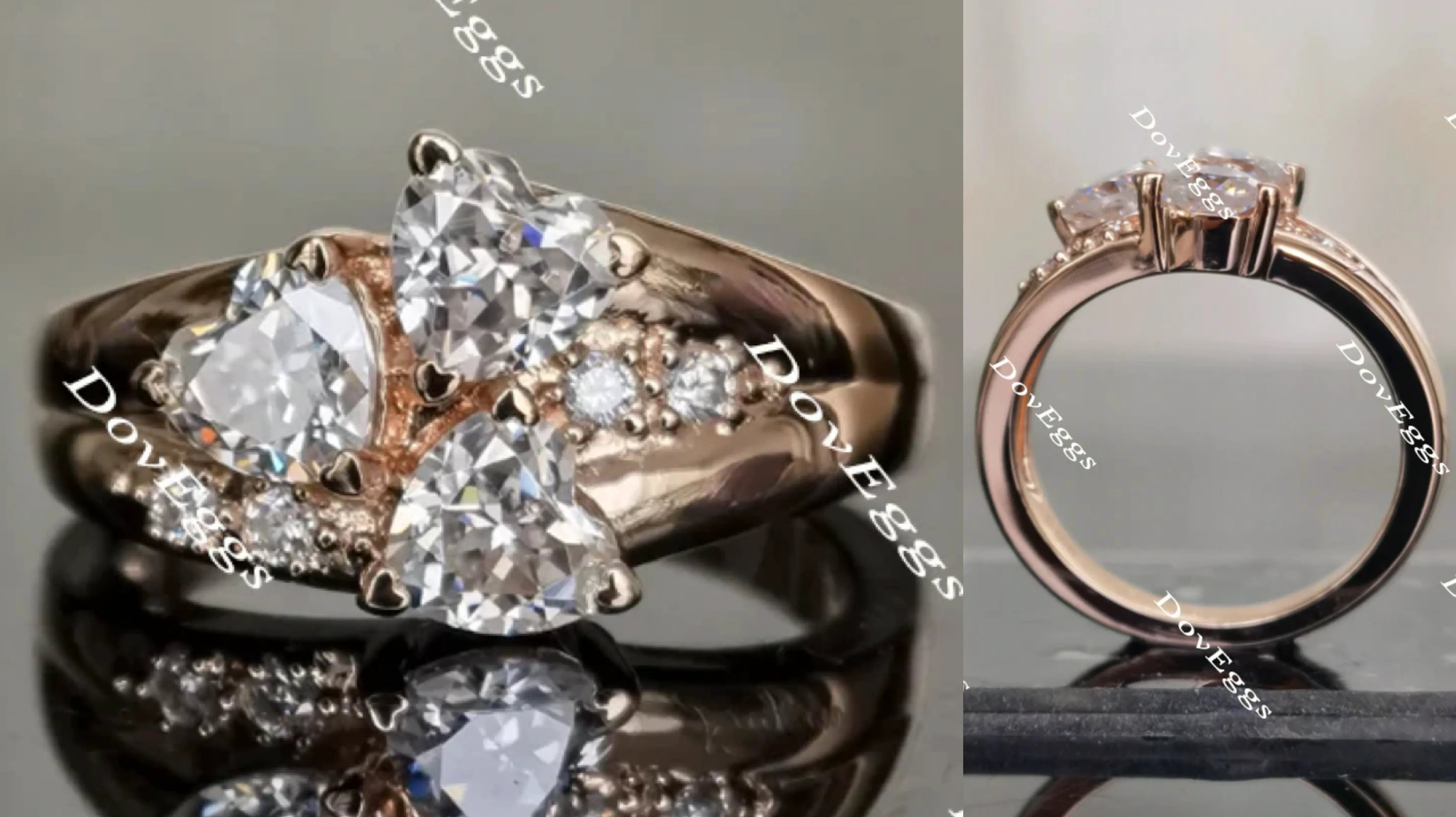 DovEggs heart three stones moissanite engagement ring