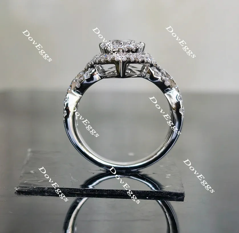 Pear split shank double halo moissanite engagement ring|DovEggs
