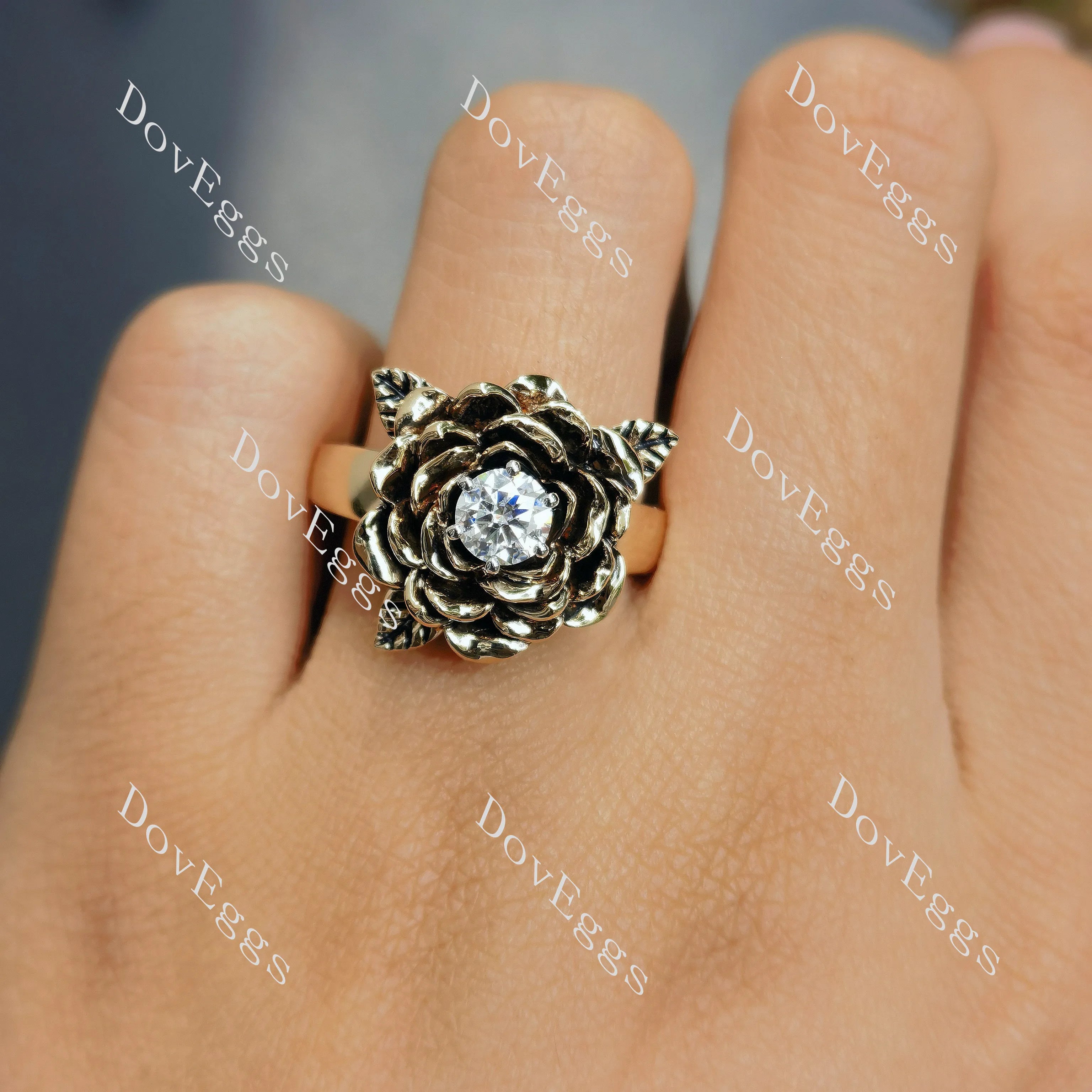 Maggie round floral pave solitaire moissanite engagement ring