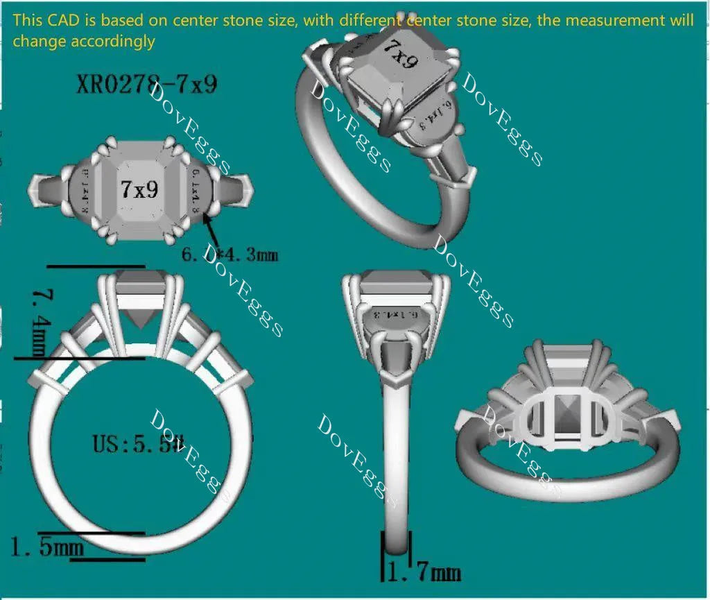 Doveggs radiant side stones moissanite engagement ring for women