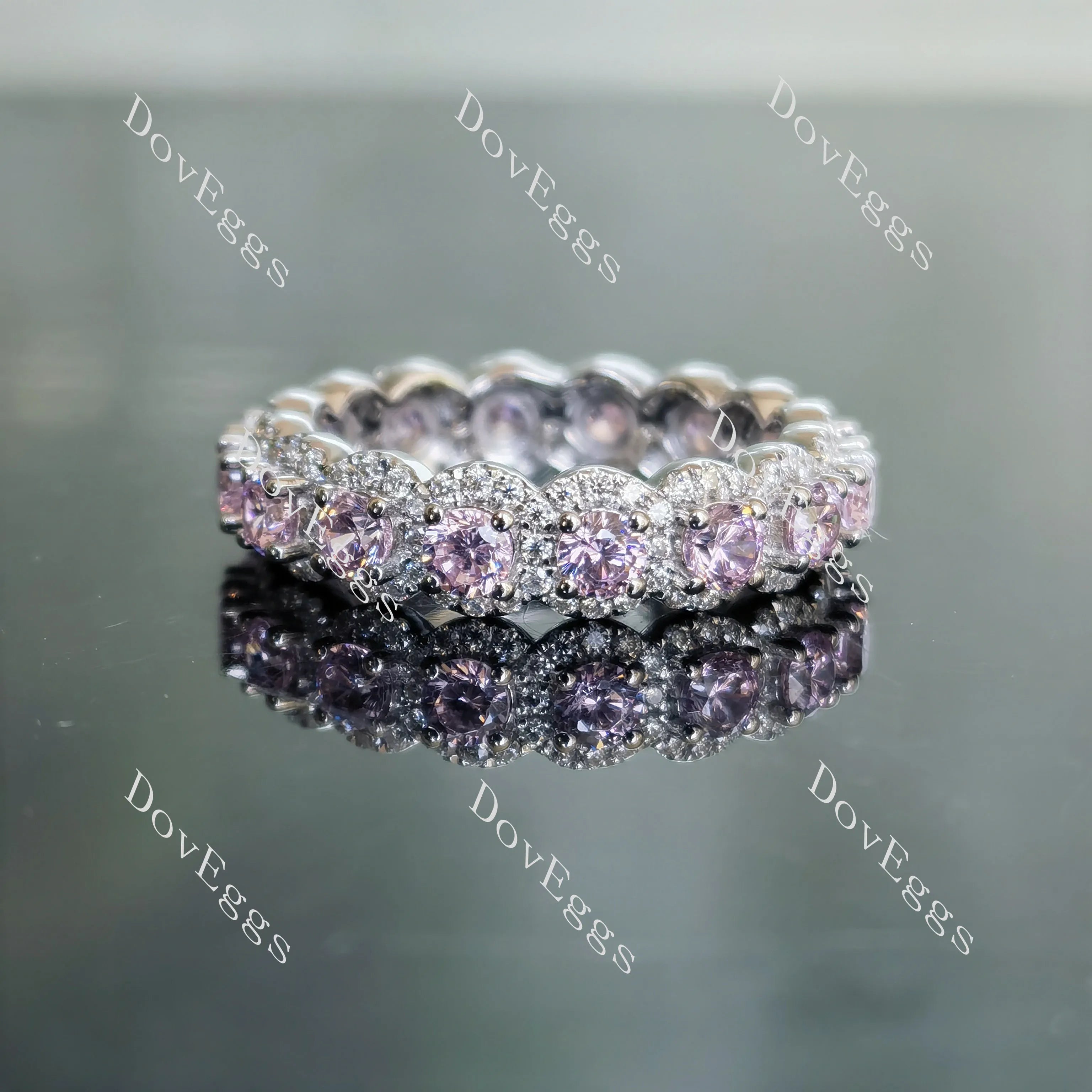 Doveggs round halo eternity pave moissanite/lab grown diamond & colored gem wedding band-5.5mm band width