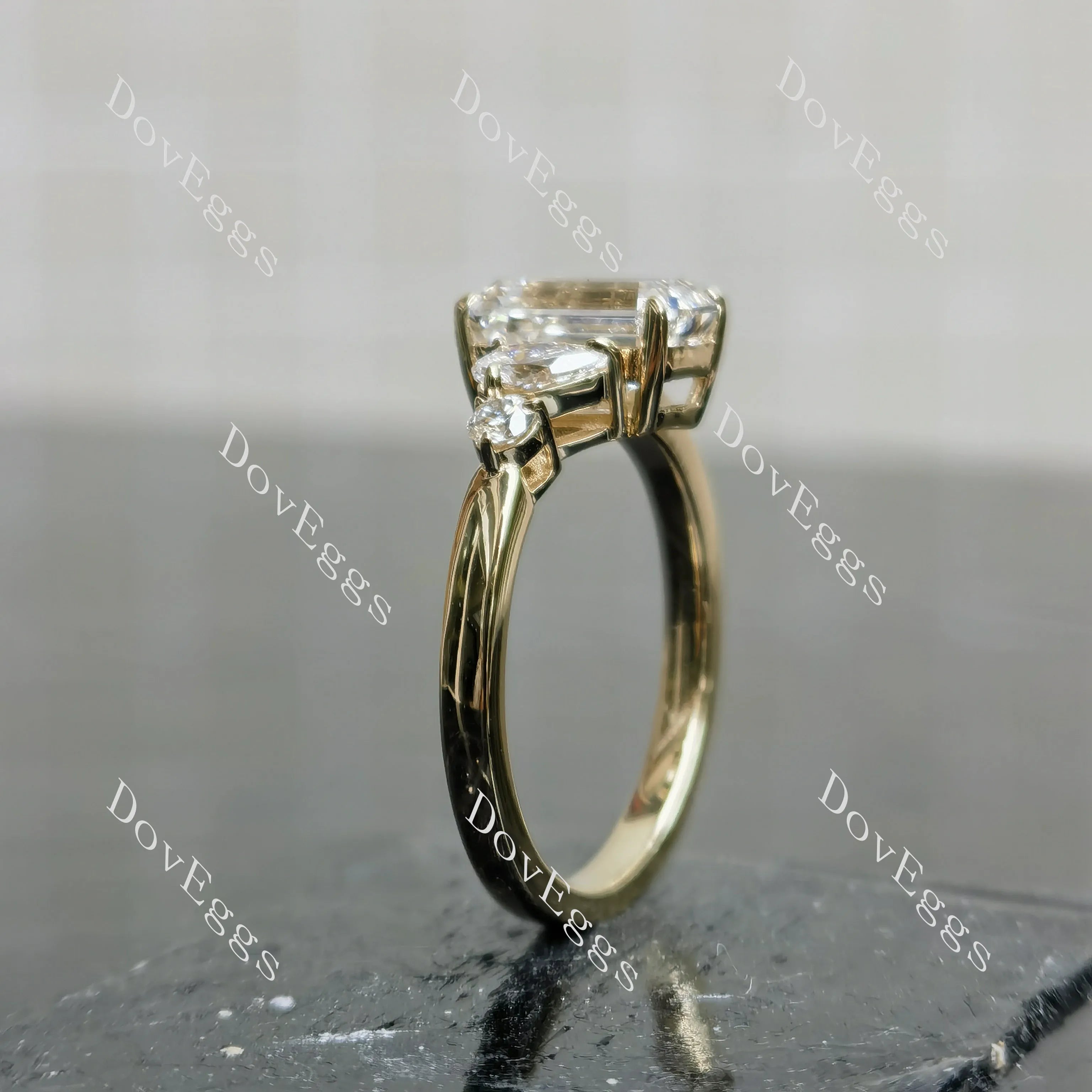 Doveggs Emerald Pave Three Stones Lab Grown Diamond Engagement Ring