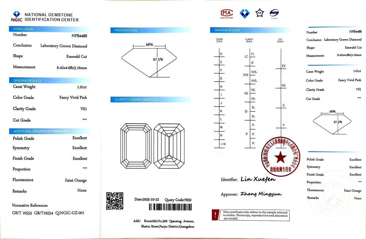 1.01ct Emerald Cut Lab Diamond - F. V. Pink Color VS1 | Doveggs Certified