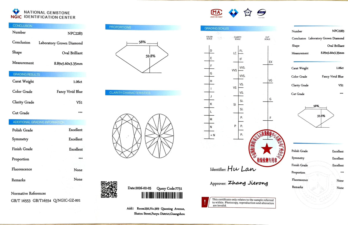 1.06ct Oval Brilliant Cut Lab Diamond – Fancy Vivid Blue Color VS1 | Doveggs Certified