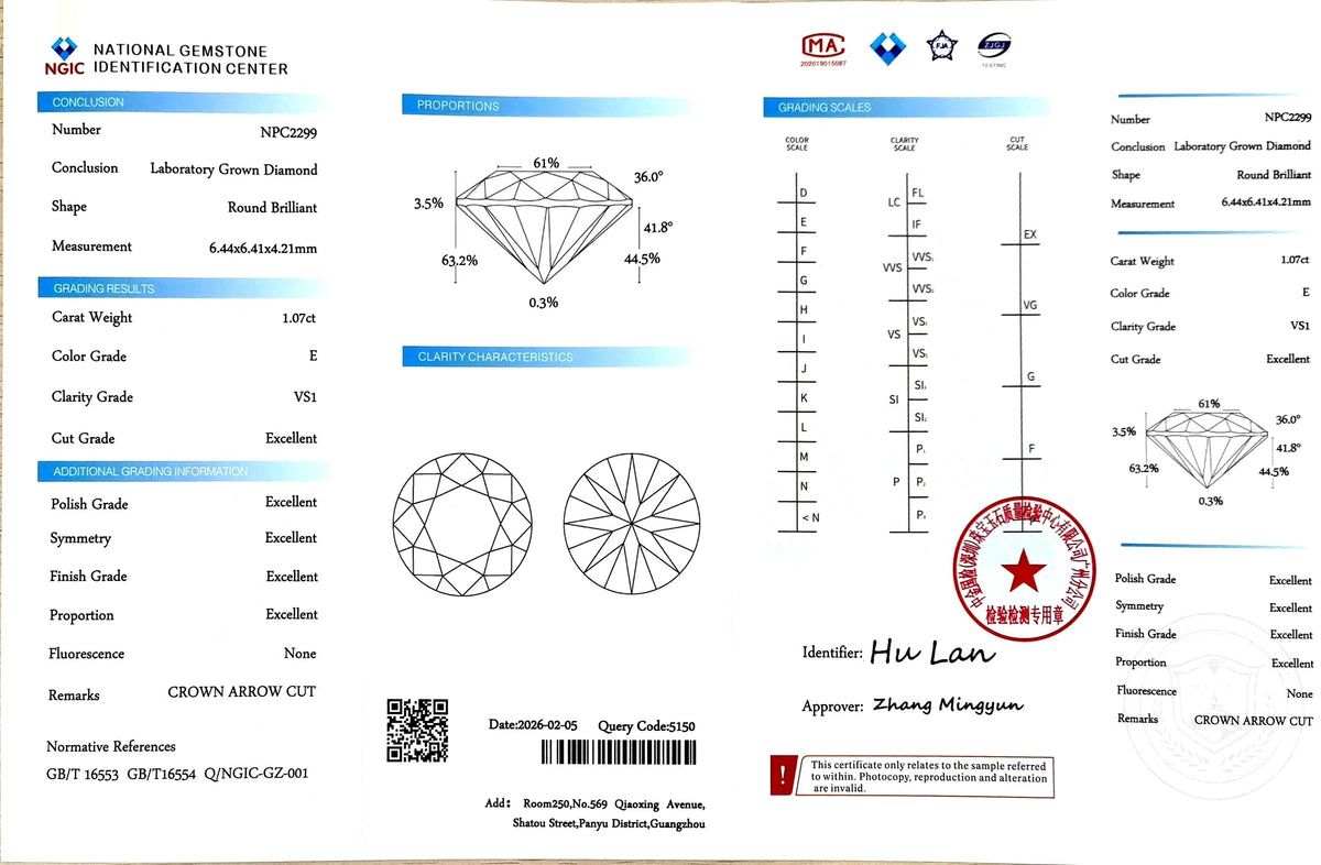 1.07ct Round Crown Arrow Cut™ Lab Diamond – E Color VS1 | Doveggs Certified